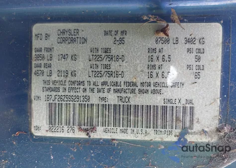 1995 Dodge Ram 2500 from USA, damaged, VIN 1B7JF26Z5SS291350